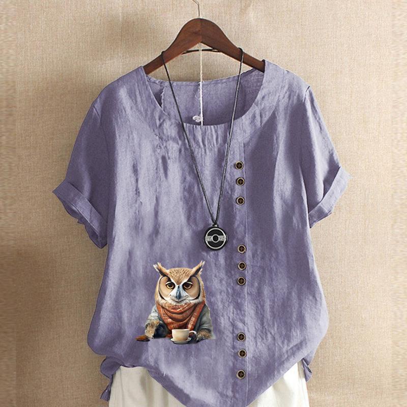 Women's Fashion Owl Prined Short Sleeve T-shirt Loose Cotton Shirt Casual Loose Summer Blouse Plus Size Tops