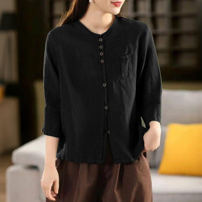 

ZANZEA Женская повседневная блузка из хлопка свободного кроя с круглым вырезом и рукавами 3/4 5XL чёрный