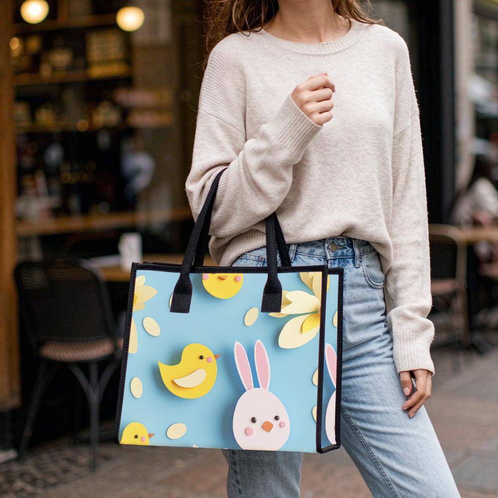 Cute Easter Bunny Chick Print Tote Bag Fashion Casual Daily Portable Large Capacity Shopping Handbag