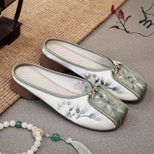 Fashion Home Slippers Women's Square Heel Loafers Slides Cover Toe Massage Block Floral Fabric Embroider Square Toe Block Heel Shoes Loa