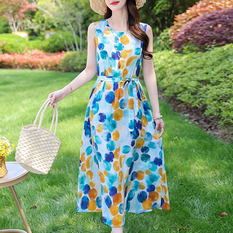 Casual Summer Dresses for Women Vintage Clothes Loose Sleeveless Plus Size Elegant Long Dress With Belt