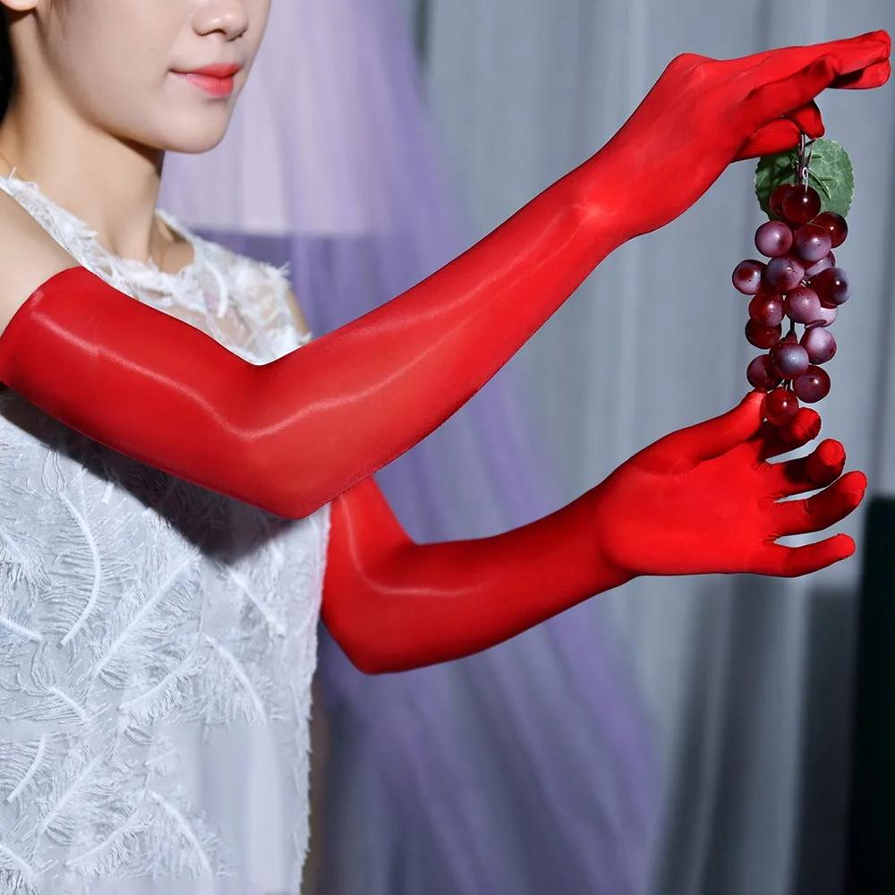 

High Elasticity Oil Smooth Men Women Sexy Tight Long Five-Finger Gloves Thin Transparent Club Party Cosplay Erotic Mittens One Size
