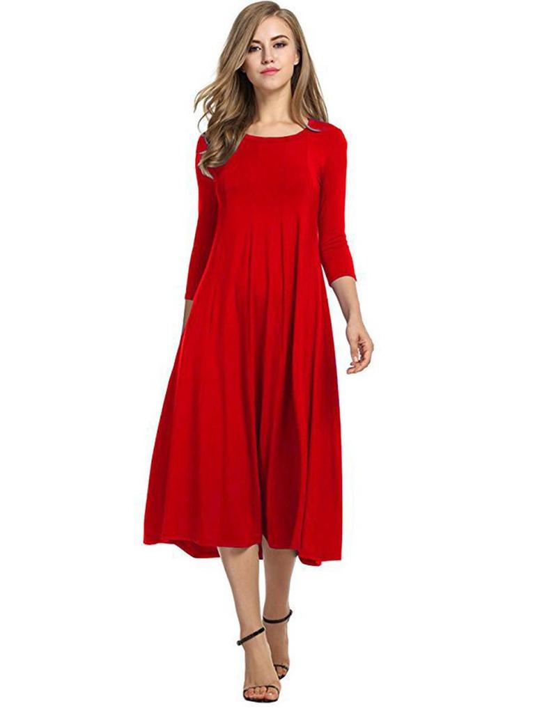 2024 Damen Sommer Mode Rundhals Mittellange Ärmel Einfarbig Großes Schwingkleid