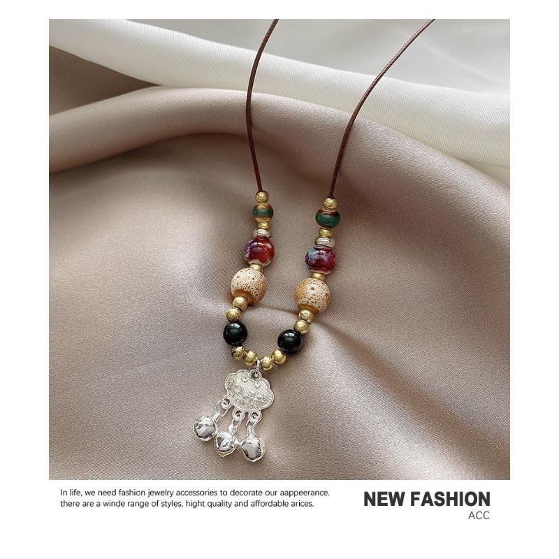 Meier Ethnic Style Retro Ceramic Beaded Necklace for Women Accessible Luxuryniche Style Safe Lock Bring In Wealth and Treasure Clavicle Chain