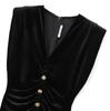 European & American Style Sleeveless Velvet Slimming Long Dress with Pleated Waist and Button Accents
