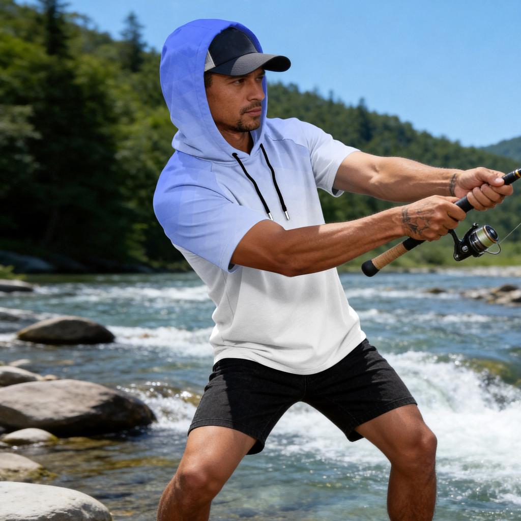 Men's Short Sleeve Hoodie UPF50+ Sun Protection Casual Sports Fishing Outdoor Lightweight Breathable Quick Dry Sweatshirt
