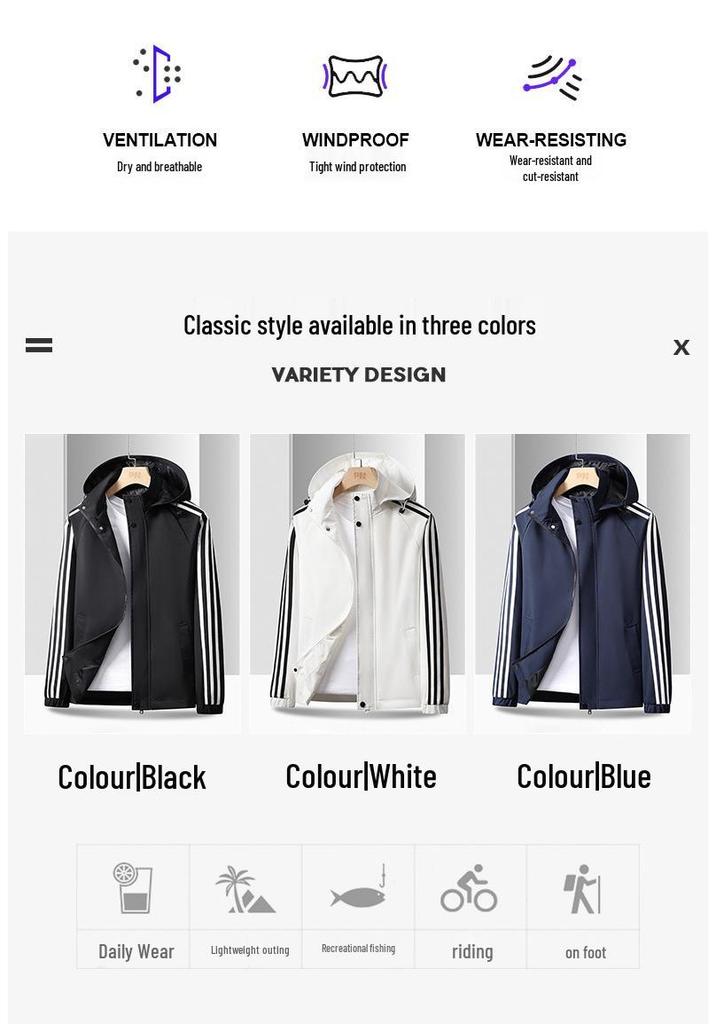 Men's Casual Three Stripe Hooded Jacket - Autumn/Winter