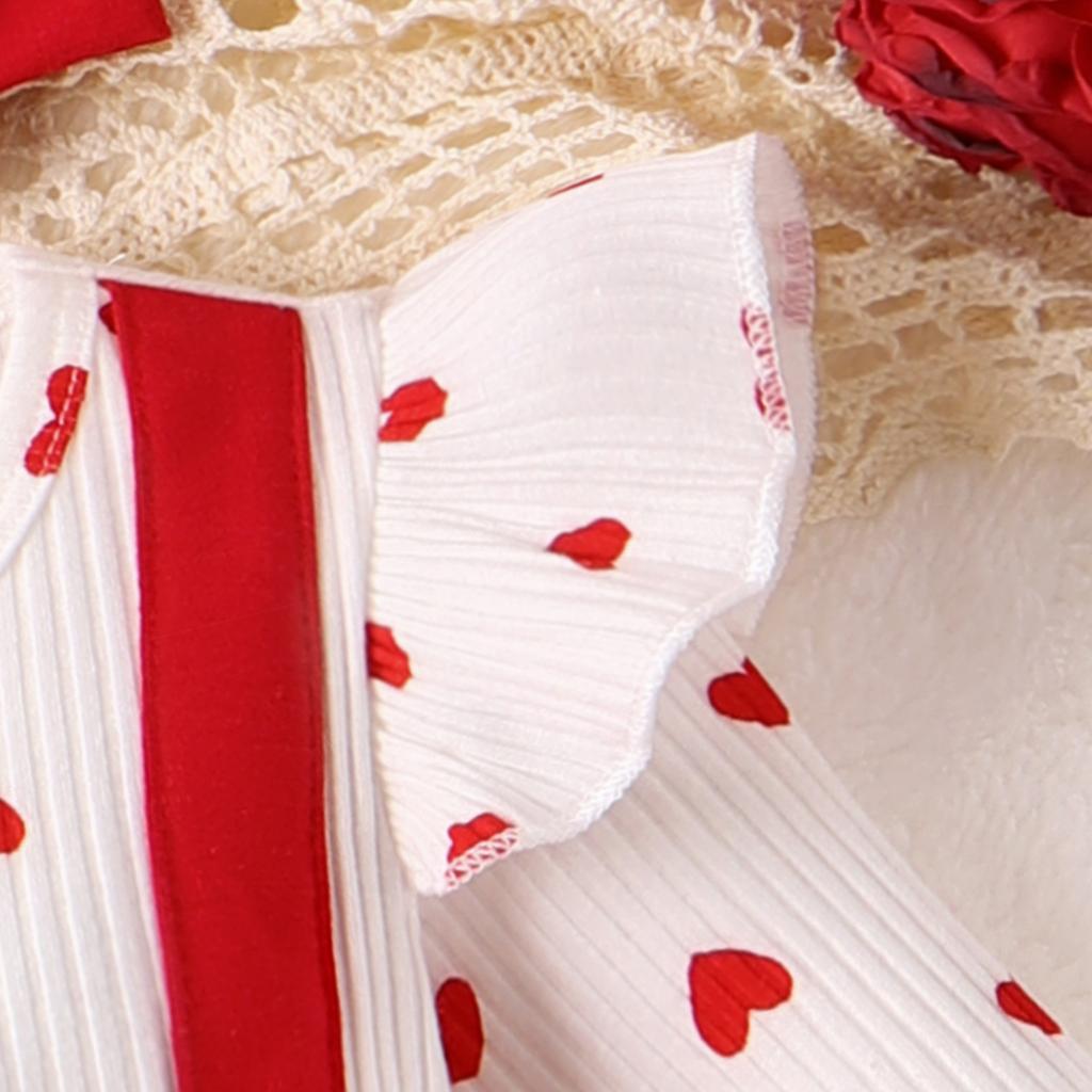 Baby Girls Valentine's Day Romper Dress Long Sleeve Ruffle Heart Letter Print Romper with Headband