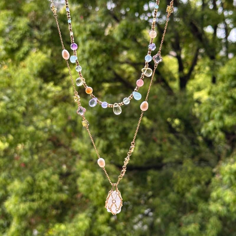 Gentle Water Drop Natural Stone Beaded Layered Necklace Handmade Mesh Crystal Long Choker Set Of 2