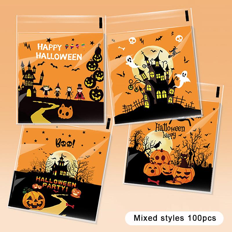 100Pcs Pumpkin Halloween Candy Bag Happy Halloween Party Decorations Kid Gift Trick Or Treat Candy Cookie Spider Ghost Bag