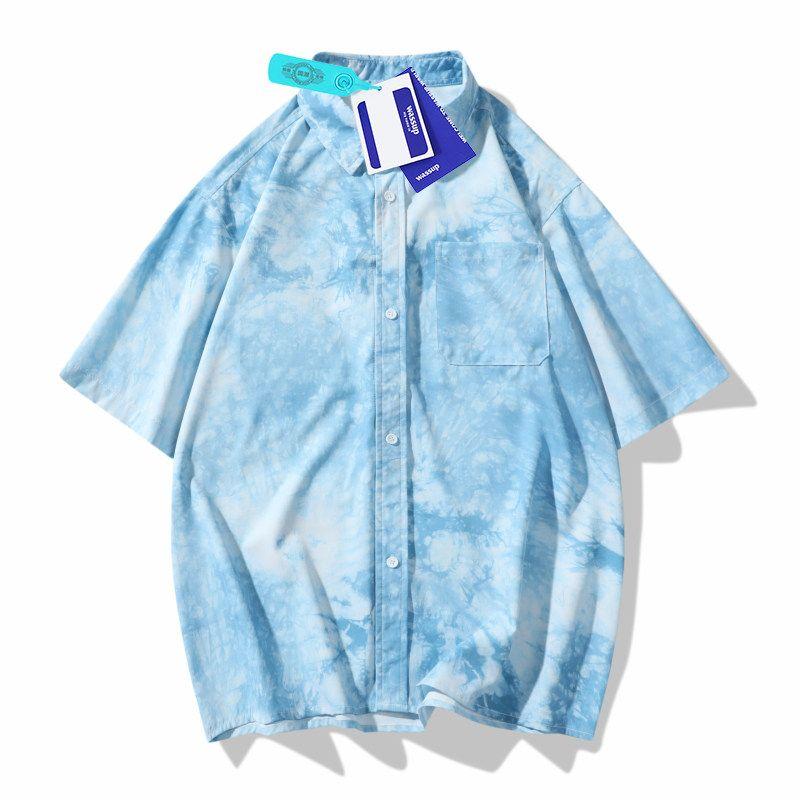 Wassup New Summer Short-Sleeved Shirt, Unisex, Ink Tie-Dye, Loose Design, Niche Hong Kong Style Shirt