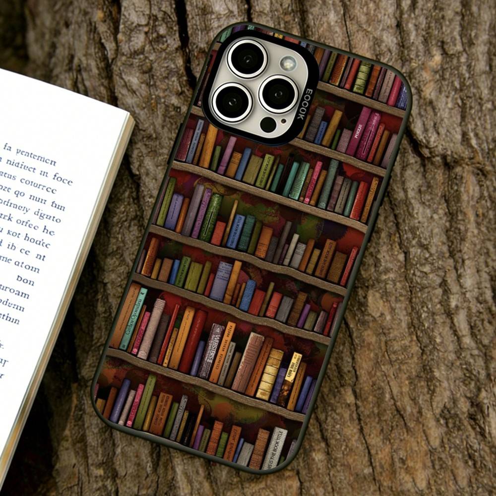 Estante de Livros Padrão Criativo Capa de Celular Para iPhone 17,16,15,14,13,12,11 Plus,Pro Max,XS,Prata Colorida Revestida Tampa Interna