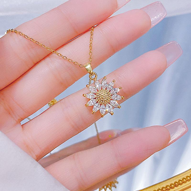 Trendy 18K Gold Plated Zircon Crystal Pendant Stainless Steel Necklace for Women Female Clavicle Chain Jewelry Lady Accessories