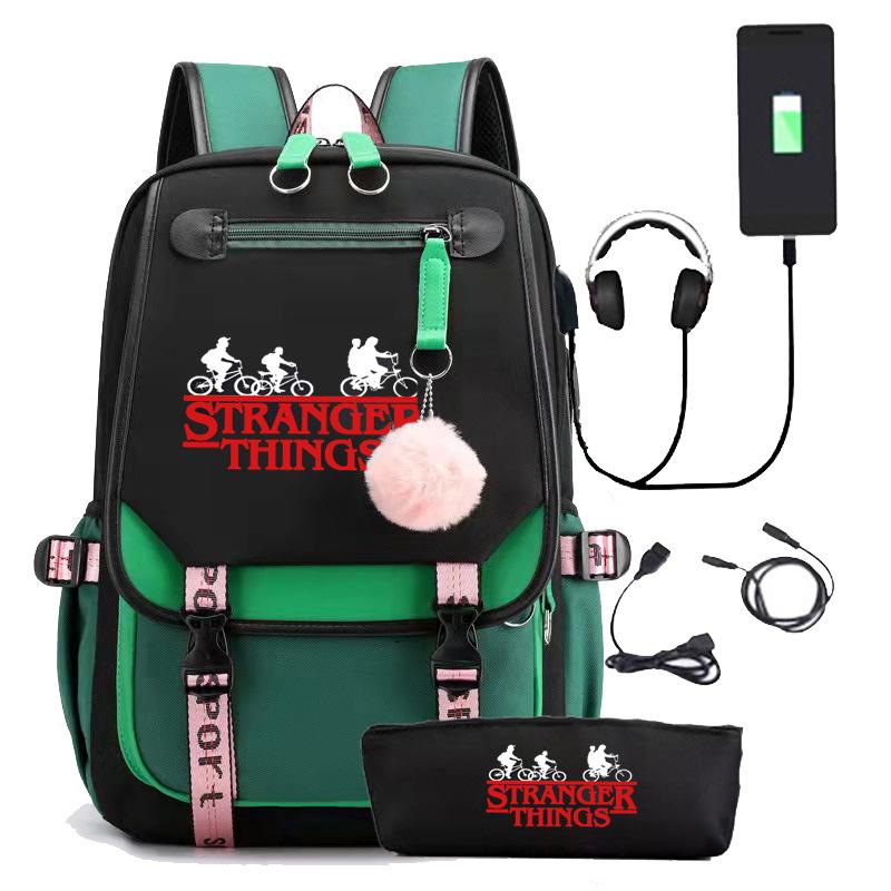 Zaino Stranger Things Stranger con Ricarica USB Borsa Scolastica per Studente di Scuola Media Astuccio Set da Due Pezzi