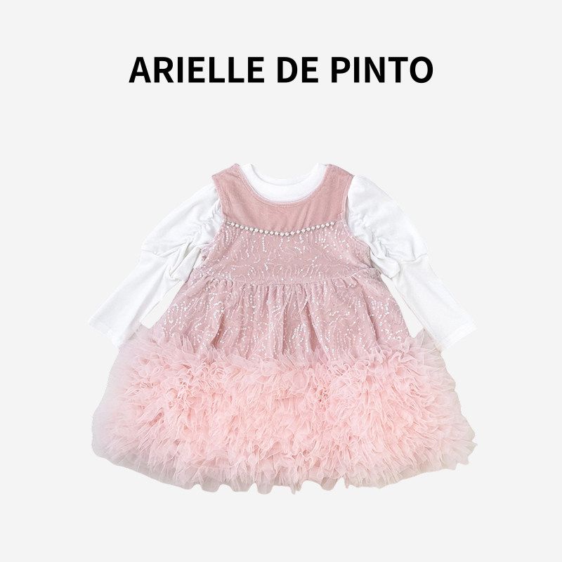 Французское платье-принцесса для девочек Arielle De Pinto Осенне-зимний комплект Сладкое платье Сетчатое платье-жилет с жемчугом Pink+White 80