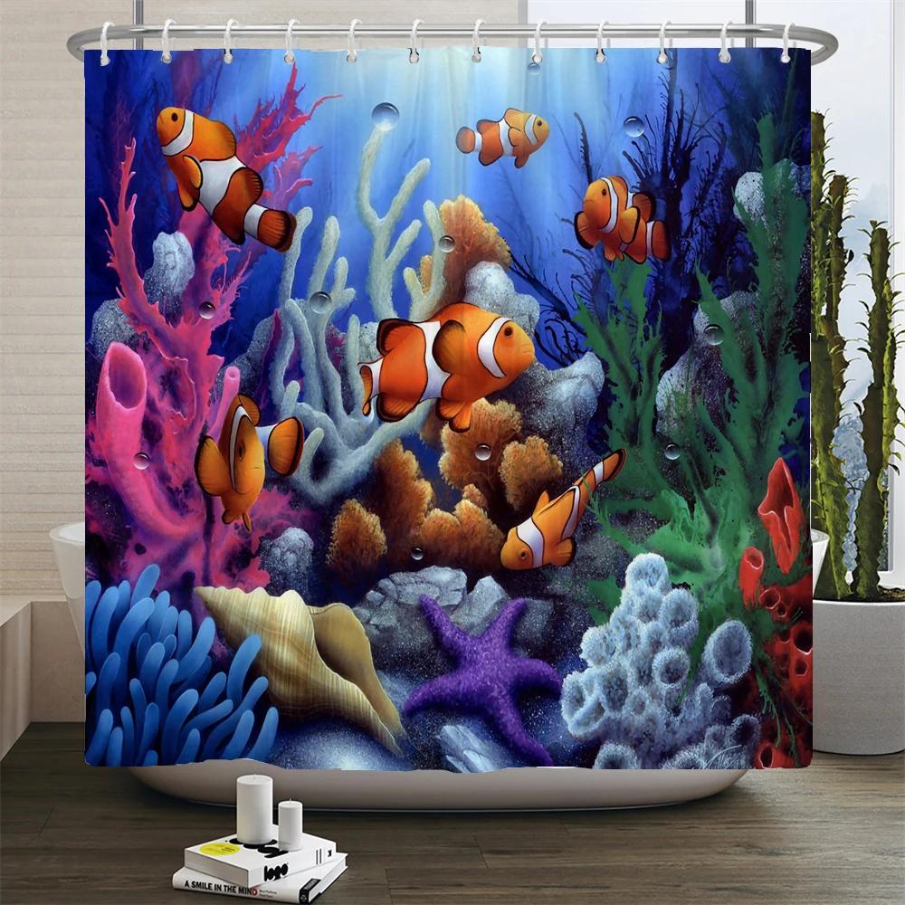 Ocean Underwater World Turtle Dolphin 3D Printing Shower Curtain Bathroom Curtain Waterproof Polyester Bath Curtains with Hooks