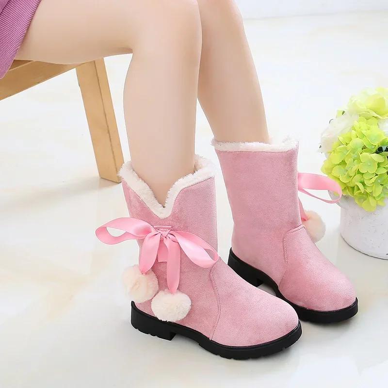 Girls Boots Autumn/Winter Fashion Sweet Baby Girls Velvet Warm Colorful Bow Square Heel Casual Comfortable Cute Boots Size27-38