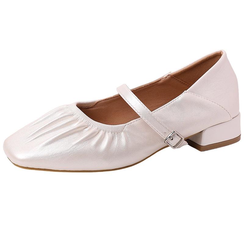 One-word buckle thick heel Mary Jane shoes women's summer fashion French temperament high heel gentle pleated shallow mouth single shoes leather shoes