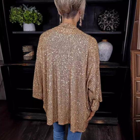 Women Sequin Coat Long Sleeve Open Front Solid Color Jacket Solid Color Spring Autumn Mid-length Cardigan