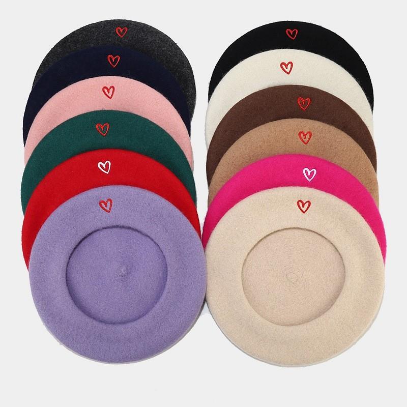 Vintage Wool Beret For Women With Heart Embroidery And Sun Protection For Fall Winter Fashion