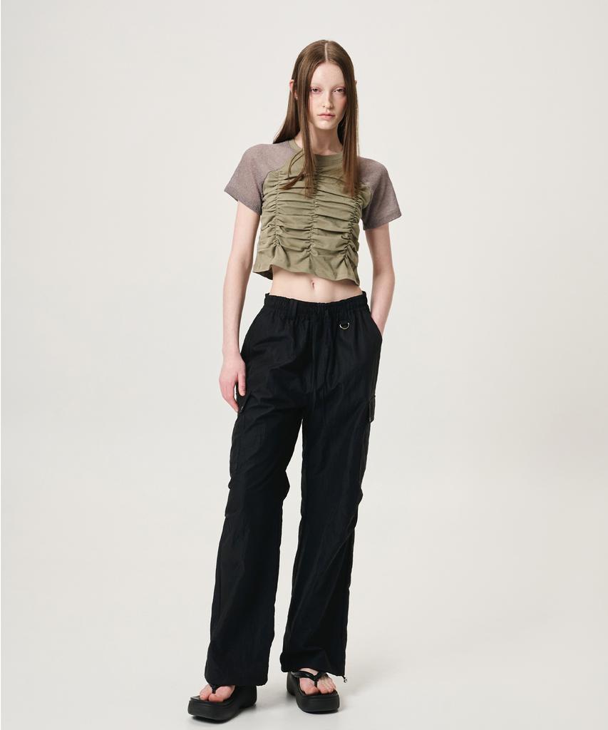 ETMON Knit Sleeve Shirring T-Shirt, Khaki