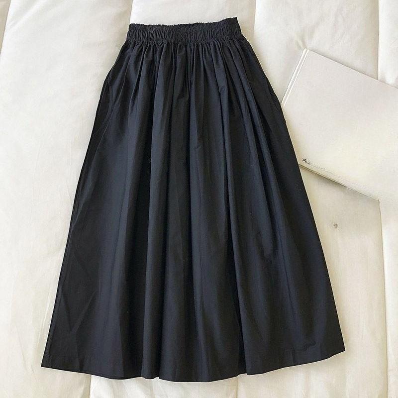 Damen Schwarz Rock Midi Hohe Taille Koreanischer Stil Falten A-Linie Vintage Kleidung Sommer Lässig Mode Damen Arbeitskleidung