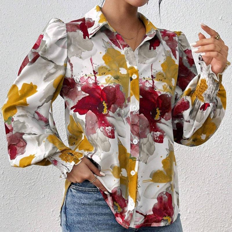 Ladies Spring Summer Lantern Sleeve Flower Printed All Match Shirt Top