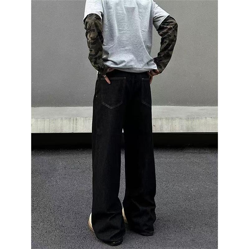 American new high street black three-dimensional tailoring jeans men and women loose and slightly straight wide-leg mopping pants tide