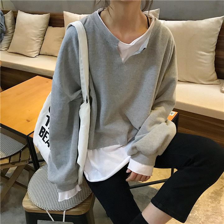 False Two Pieces Containing Cotton Design Sense Loose Sweater Female Thin Section Splicing Bottoming Shirt Literary Style Long-sleeved T-shirt Female