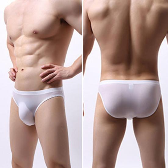 Men Sexy Briefs Mid-rise Ice Silk Thin Translucent Panties Elastic Waistband Solid Color U-Convex Underwear