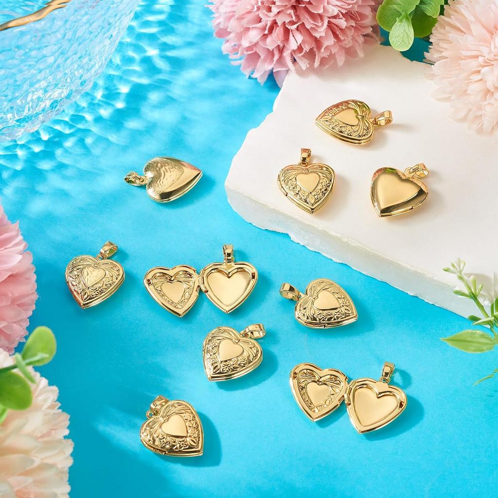 Beadthoven 10 szt. Prawdziwe Pozłacane 18K Serce Medalion Wisiorki Grawerowane Serce z Węzłem Wstążki Kwiaty Ramka na Zdjęcie Zawieszki Uchwyt na Zdjęcie Medalion Pamięci
