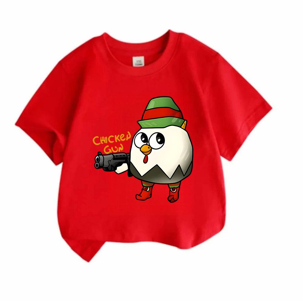 Kids Boys Girls 100% Cotton Crew Neck Short Sleeve T-Shirt, Cute Chicken with Gun Elf Pattern Casual Soft Breathable Summer Tee for Children Daily Wea
