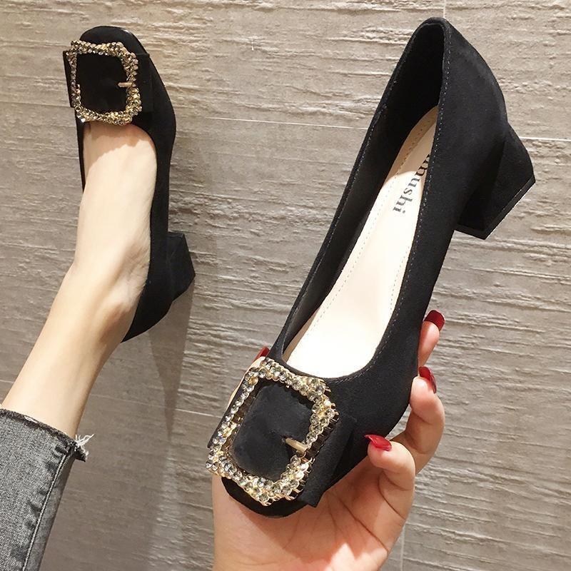 Black high heels women's thick heel new versatile professional square head rhinestone square buckle women's shoes spring and autumn single shoes women