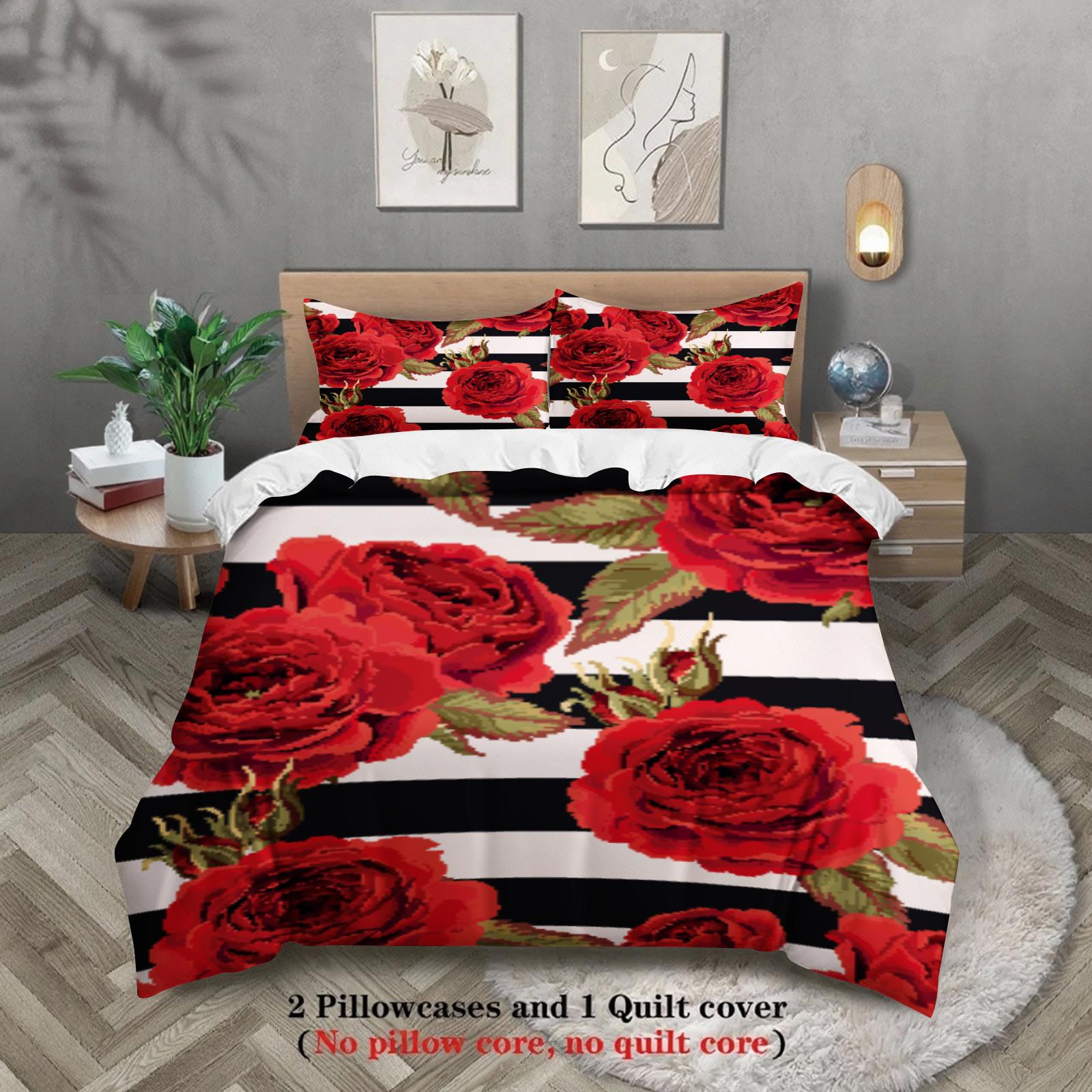

3pcs Red Blossoms Duvet Cover Vivid Floral Zebra Stripe 3D Printed Single Twin Queen Size 100% Polyester Quilt Cover Sets US King(264x229cm)