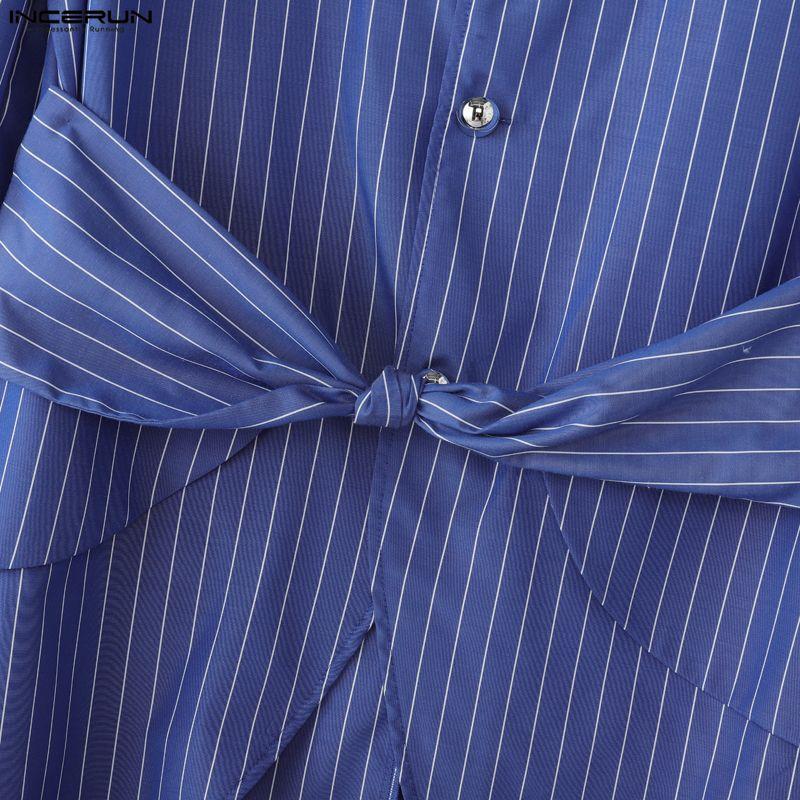 INCERUN Men Lapel Neck Long Sleeve Striped Irregular Splits Casual Long Shirts Tops