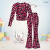 Girls Round Neck Long Sleeve Multi Color Printed Top And Flared Pants Two Piece Set