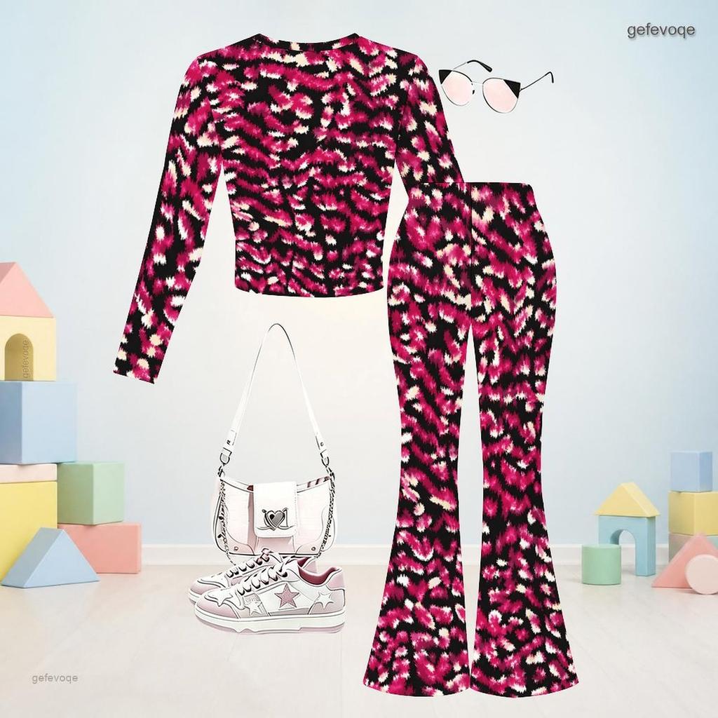 Girls Round Neck Long Sleeve Multi Color Printed Top And Flared Pants Two Piece Set