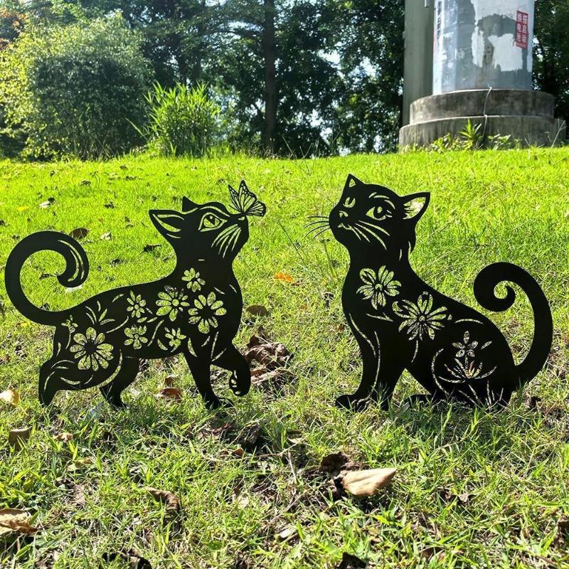 2PCS Outdoor Garden Lawn Decoration Crafts Ornament European and American Iron Art Black Cat Silhouette Floor Insert Ornament Home Furnishing
