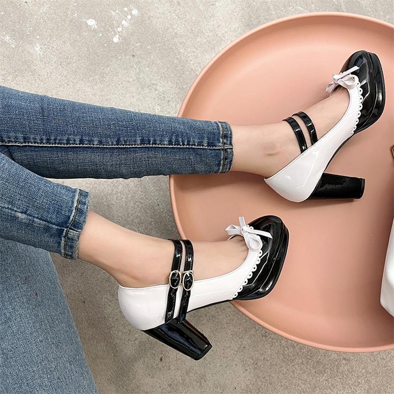 FOREADA Women Mary Janes Pumps Round Toe Glove Shoes Thick High Heels Lolita Buckle Mixed Colors Bow Ladies Fashion Shoes Spring Autumn