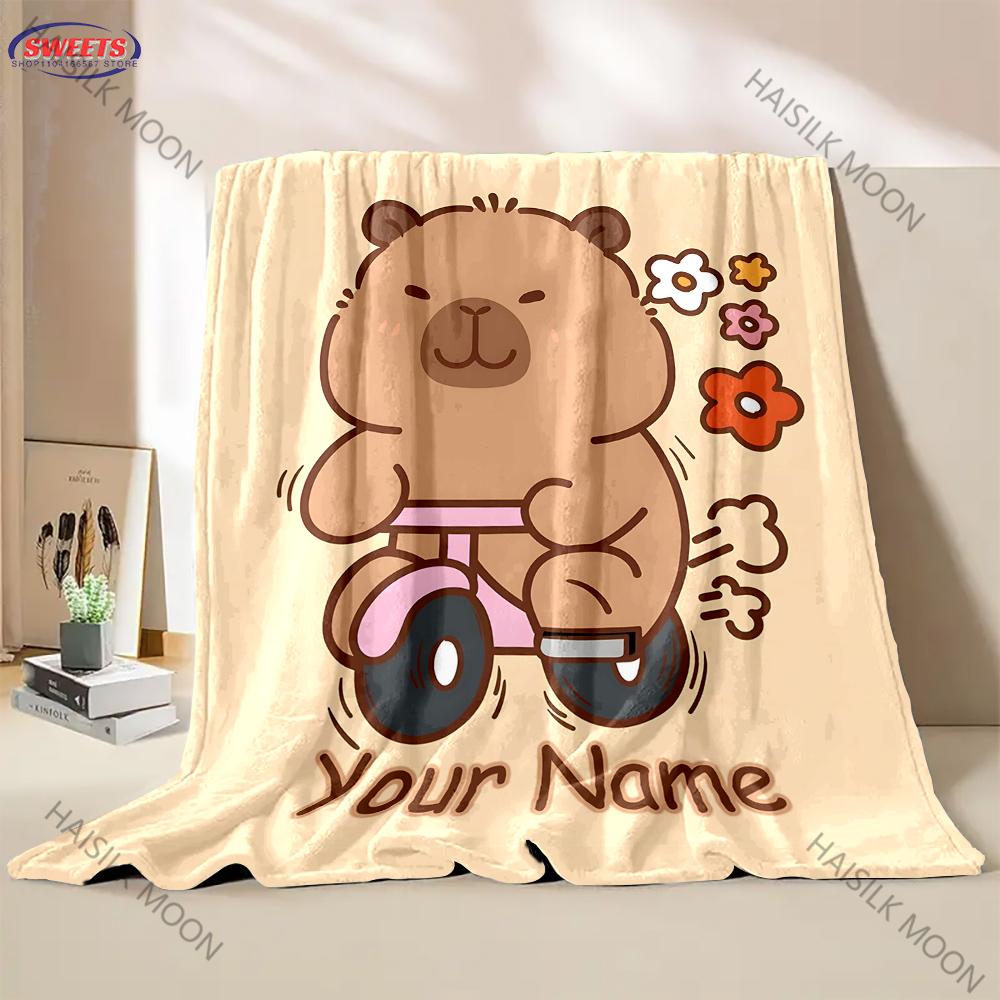 Cute Capybara Cartoon Flannel Fluffy Throw With Exclusive Name Camping Blanket for Children Sofa Throw Thin Blanket Fashion Gift
