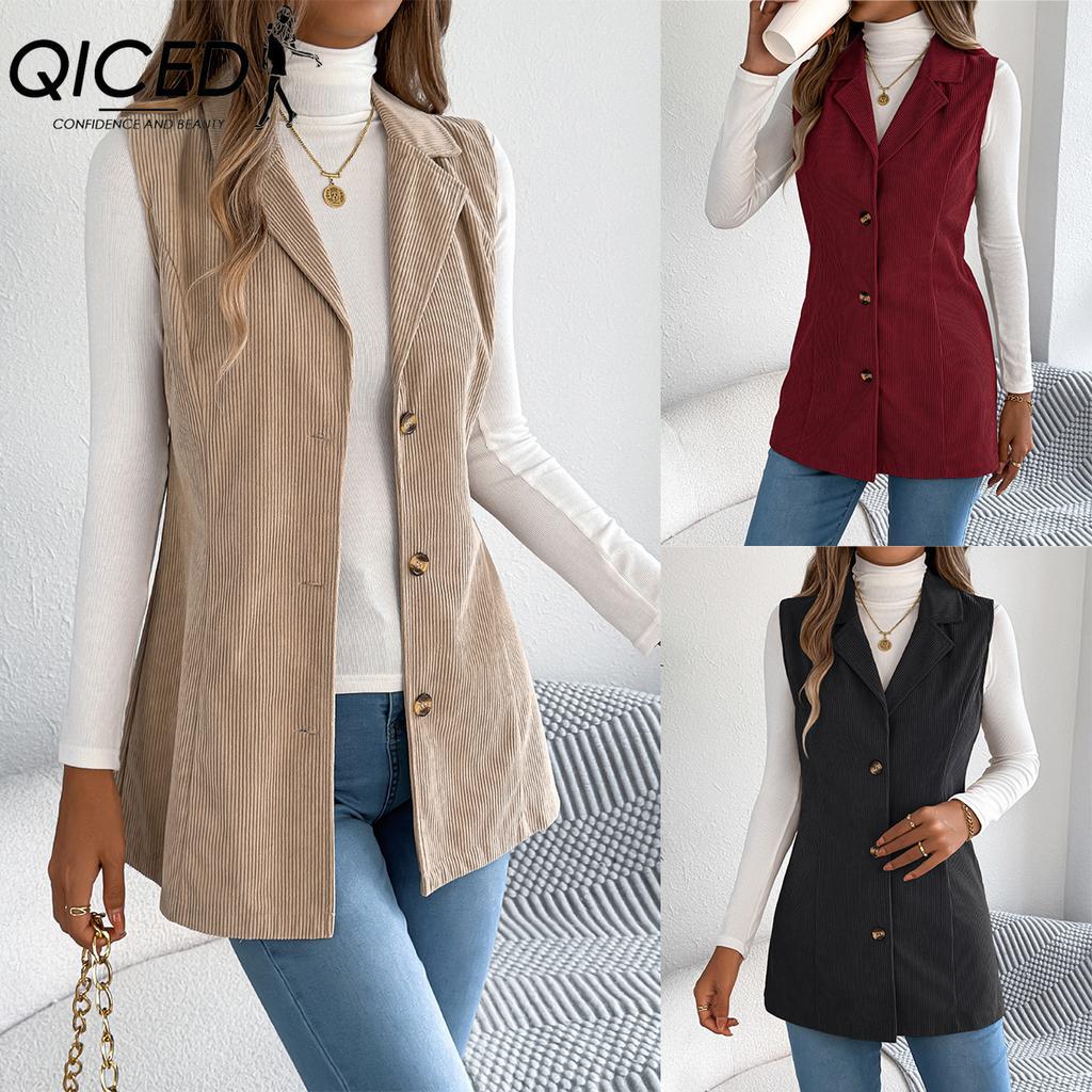 QICED Autumn and Winter Casual Single-breasted Suit Collar Corduroy Vest Jacket for Women