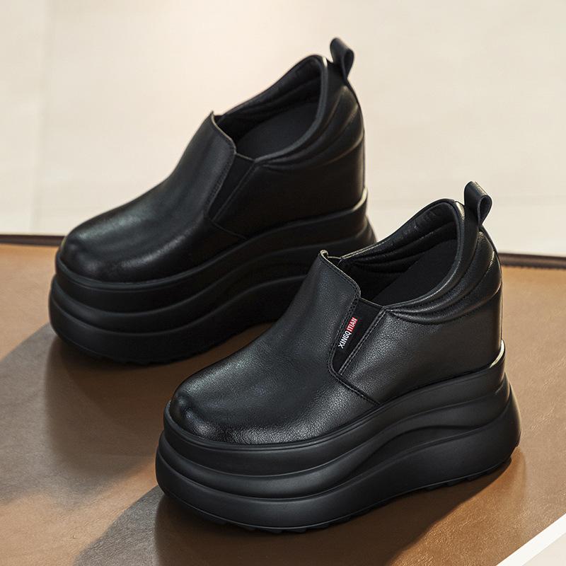 Super High Height Increasing Shoes 13cm Genuine Leather Women Flat Platform Black White Shoes Brand Ladies Casual Shoes Small Size 33