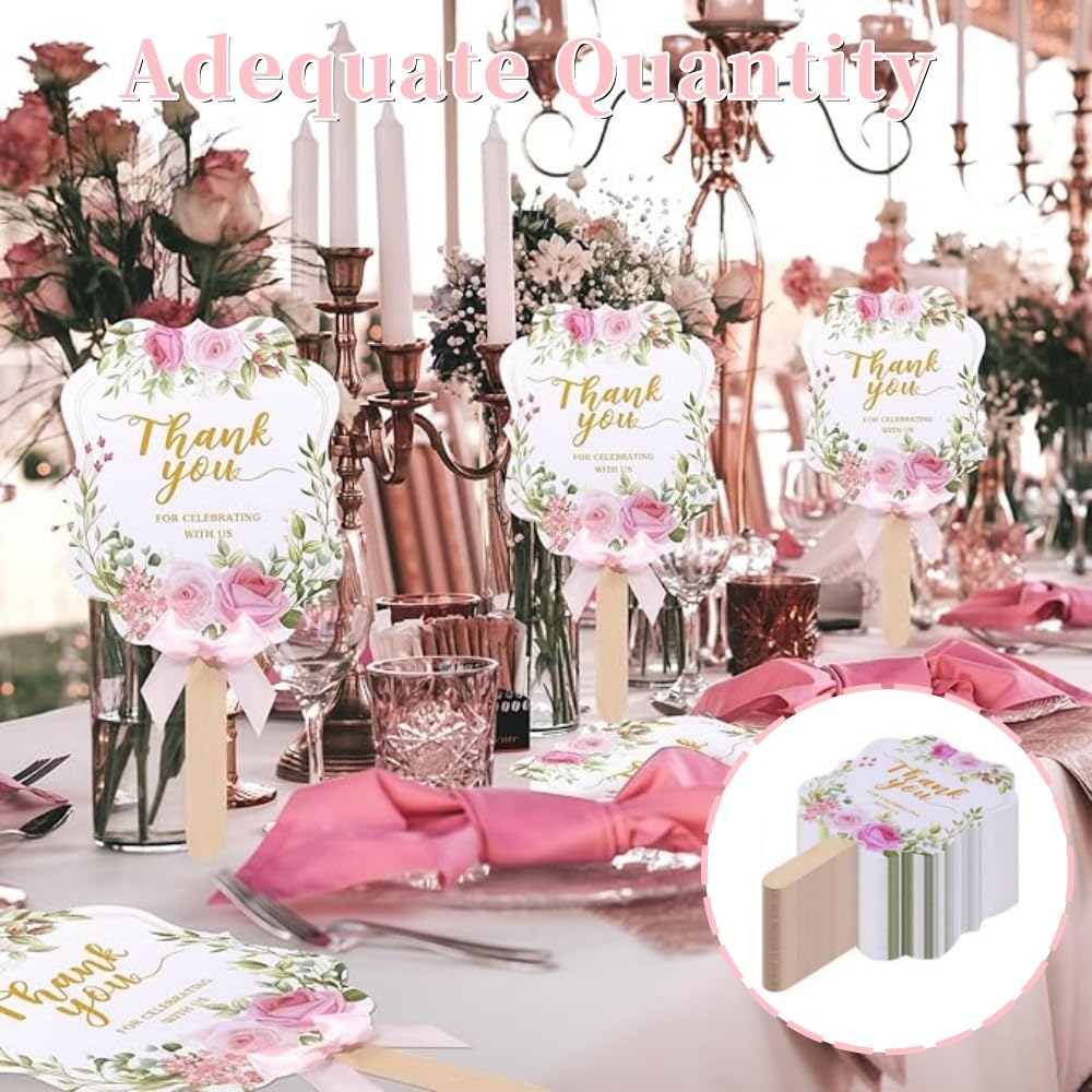 50 Evantaie de Nuntă pentru Evantaie de Mână Personalizate Florale Roz cu Mâner Elegant din Lemn Weeding Petrecere de Nuntă Esențiale pentru Petrecerea Miresei Oaspeți, Evantaie, Vrac,