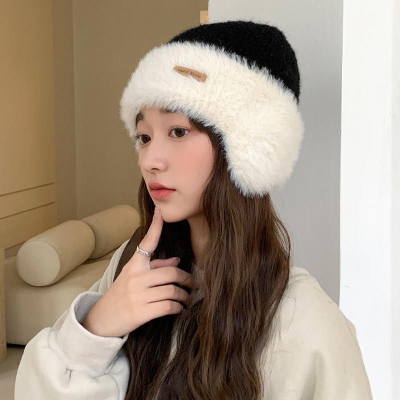 Hat Women'S Big Head Circumference Knitted Wool Hat Winter Warm Thickened Plush Hat Versatile Contrasting Color Ear Protector Cold Hat