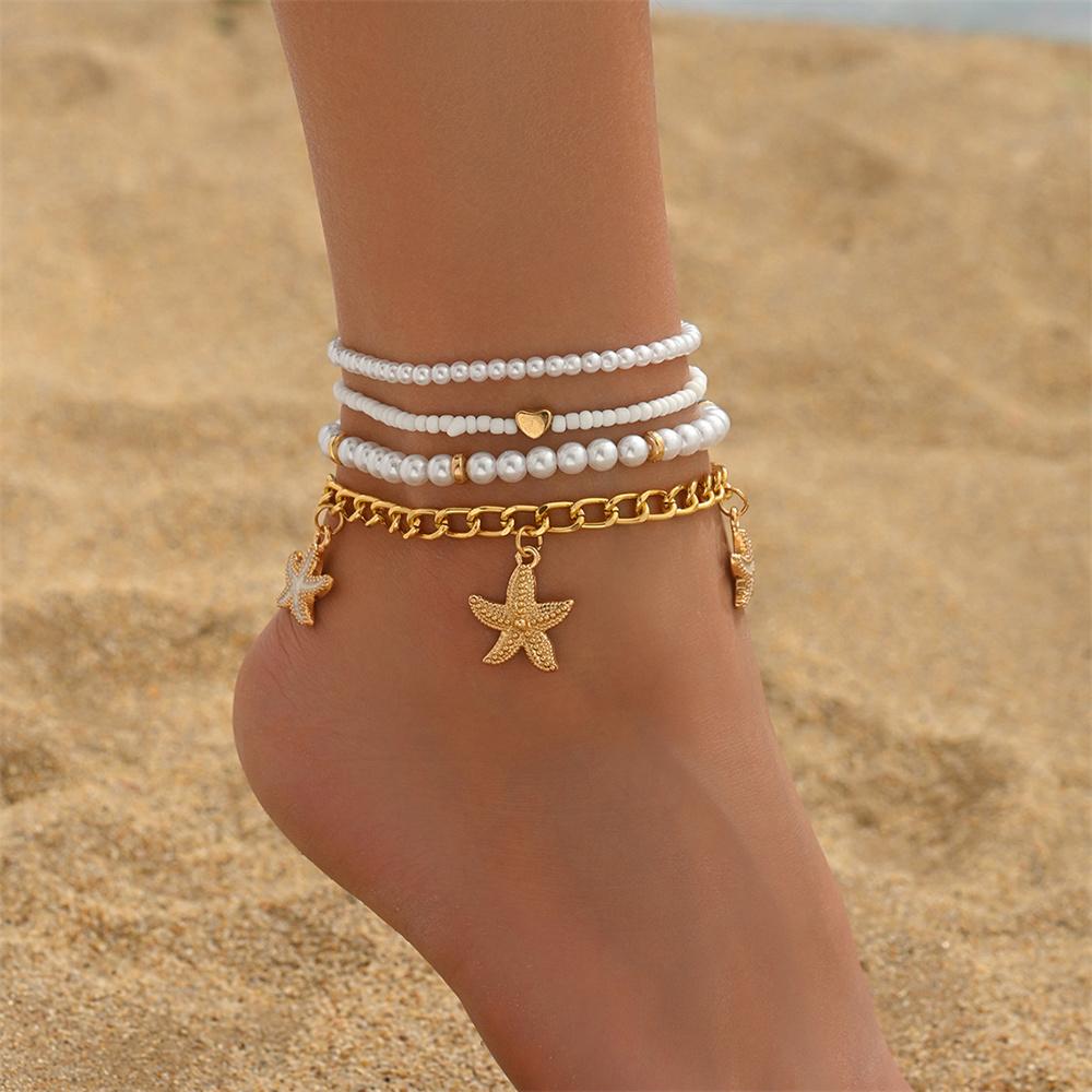 Simulated Pearl Beaded Anklet Gold Color Starfish Pendant Anklets Sets For Women Beach Jewelry Ankle Bracelet Summer Accessories