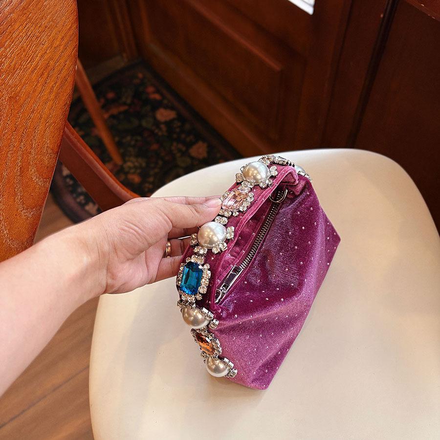 Luxury Pearls Dot Women's Bag Fashion Velvet Rhinestone Handbags Diamond Crystal Wedding Evening Bag Shoulder Crossbody Bags