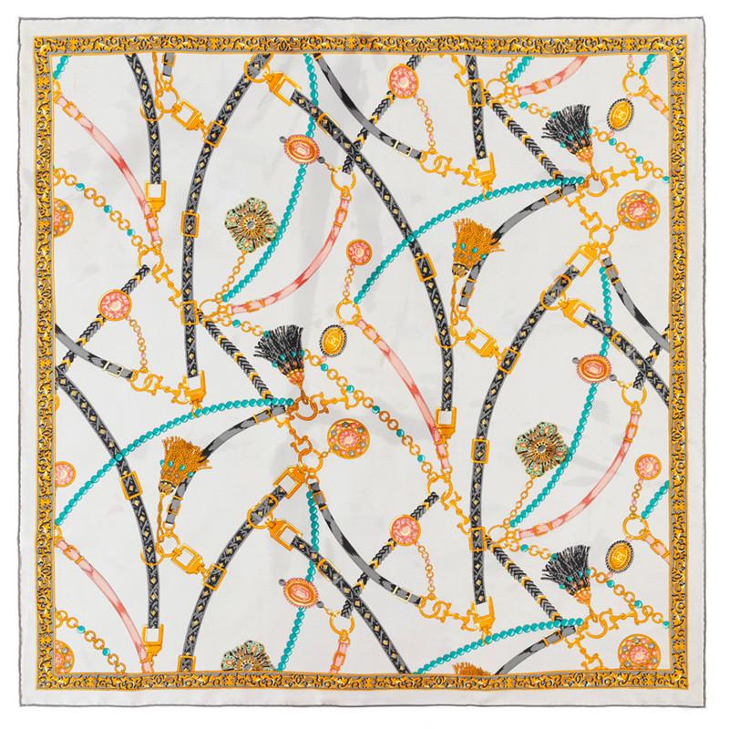 90Cm Square Scarf Women Luxury Belt Chain Design Foulards Twill Silk Scarves Wraps Hand Rolled Bandana Curled Head Scarves Hijab