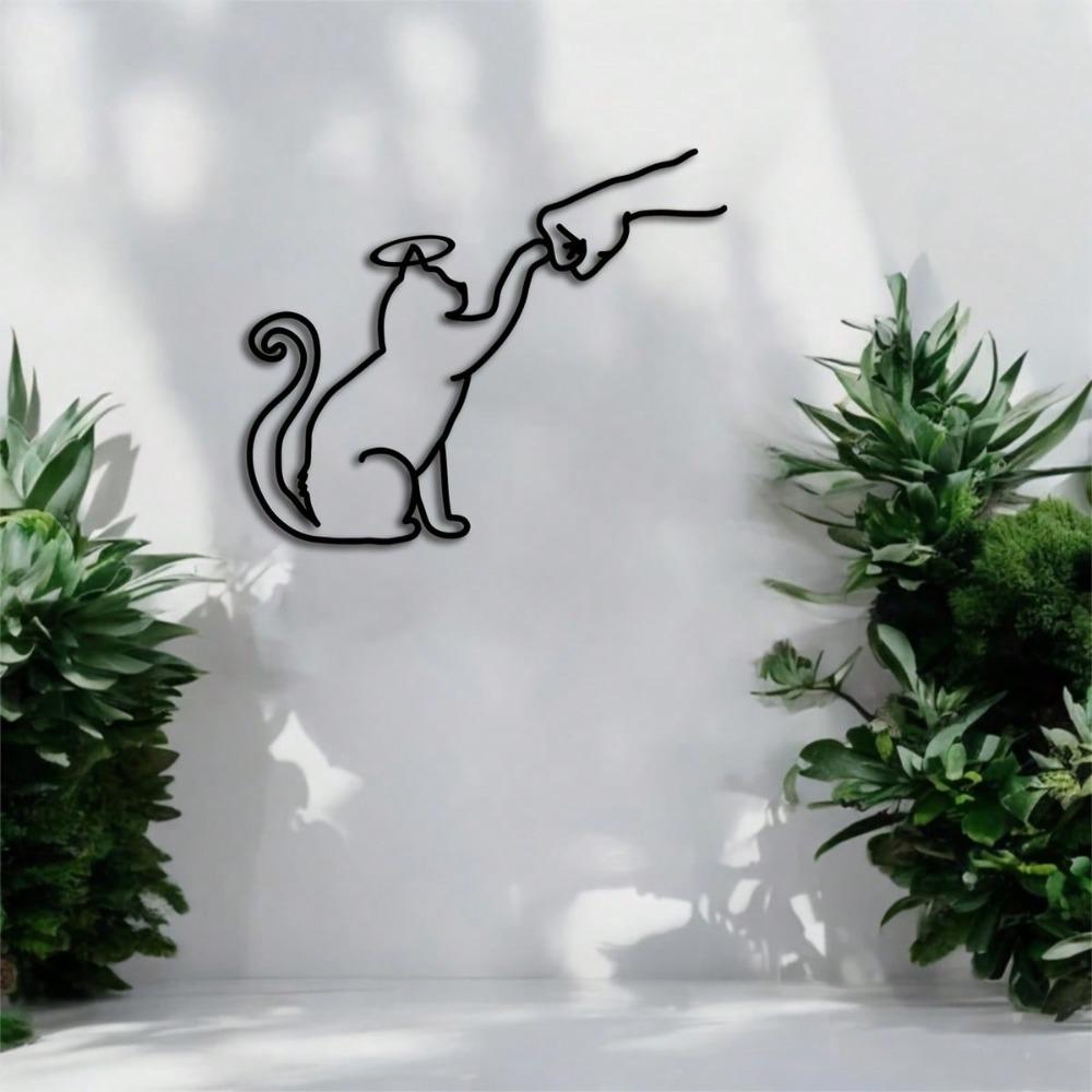 Modern Metal Cat and Hand Wall Art with Angel Cat Sculpture Indoor Outdoor Decor