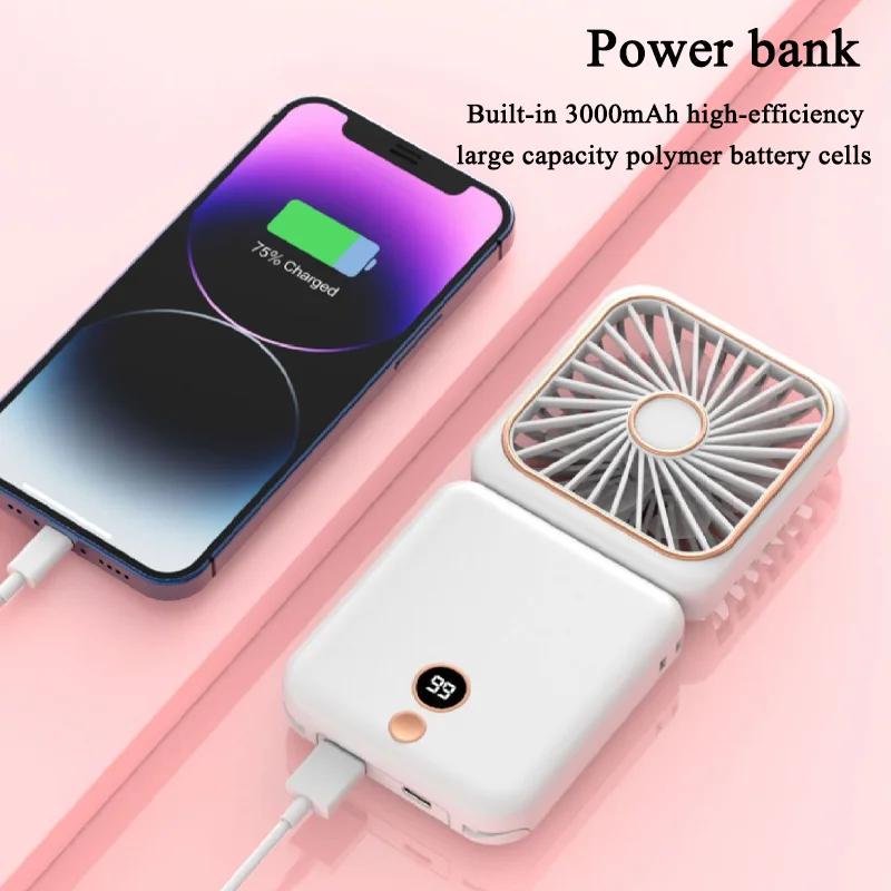 3-in-1 Mini Portable Fan Hanging Neck Fan Handheld Fan & Foldable Mirror with Power Bank, Silent Fan Compact & Portable for Summer Sports