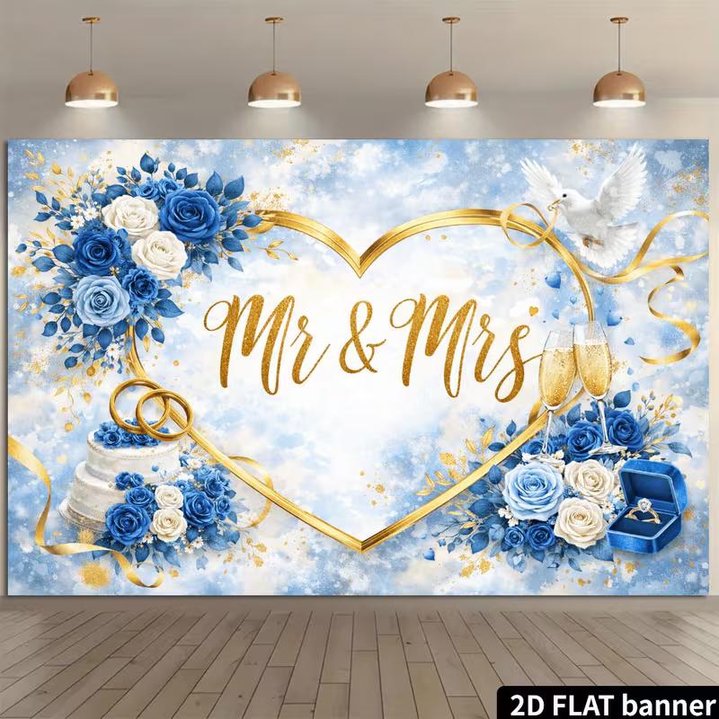 2D Blue Gold Mr & Mrs Photography Backdrop Wedding Heart Photo Booth Banner